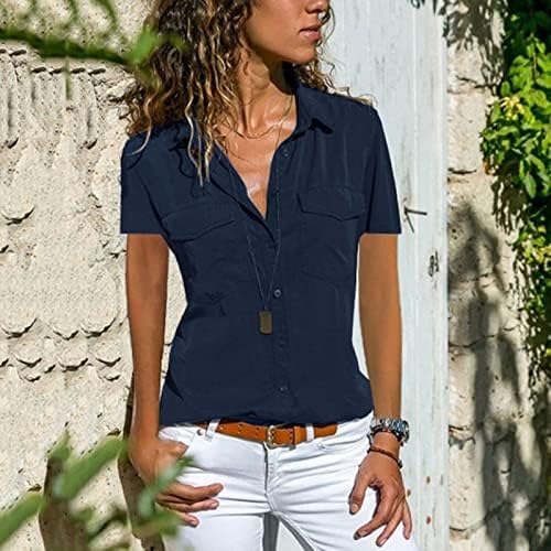 קיץ חולצות לנשים 2023 מזדמן מוצק קצר שרוול להנמיך צווארון כיסי כפתורי חולצה חולצות