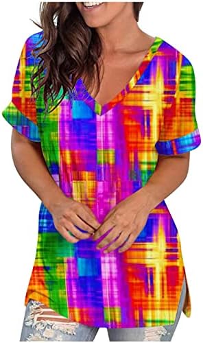 חולצות נשים שרוול פעמון קצר V Spandex Spandex Gradient Colorblock שיש גרפי גרפי רגוע חולצות נערות נערות