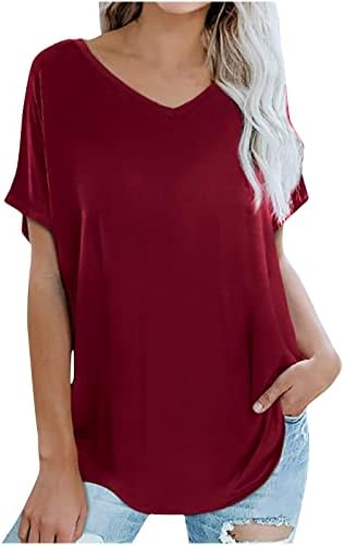 חולצות נשים סתיו קיץ 2023 שרוול קצר כותנה V צוואר רופף בכושר נינוח בכושר טרקלין בסיסי חולצת טשס עליונה לבנות x4