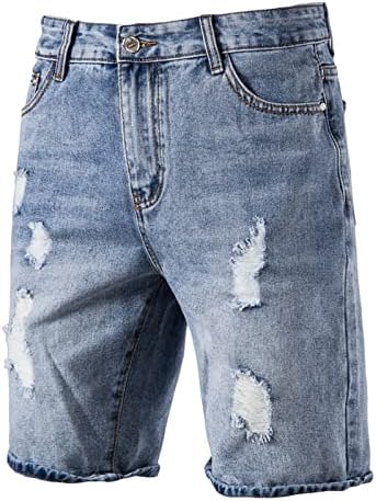 מכנסיים קצרים של ג'ינס לגברים וינטג 'קלאסי בכושר במצוקה נקרע מתיחה ישר מכנסי טרנינג באורך ברך.