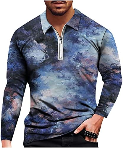 חולצות טרנדיות לגברים תלת מימד דפוס דיגיטלי צווארון דש חצי רוכסן רוכסן שרוול ארוך חולצה חולצה נוחה
