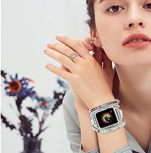 רצועת גלישת בוהו תואמת לנשים צמיד Apple Watch 38 ממ 40 ממ 41 ממ, צמיד כף יד בעבודת יד של אבן טבע חרוזים לסדרת IWatch סדרה
