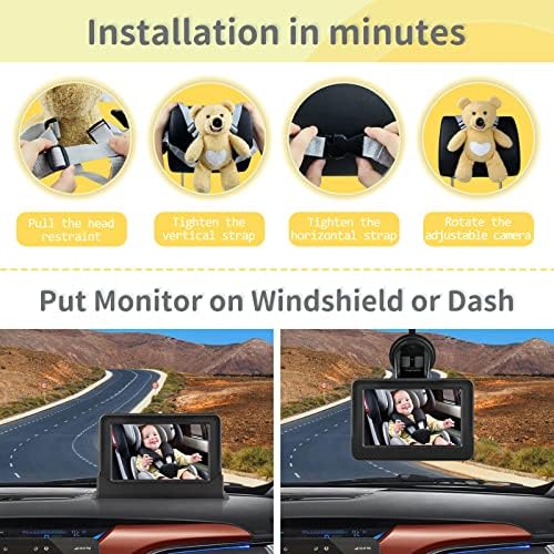 Vekooto Video Monitor Monitor למכונית, מצלמת רכב לתינוק עם צג 5 '', דוב בובה ושילוב מצלמה 1080p, ראיית לילה תמונות