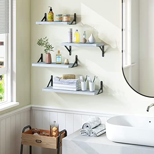מדפים צפים של יגומר, סט של 4, מדף רכוב על קיר עץ לבן אפור לסלון, חדר אמבטיה, חדר שינה וצמחים