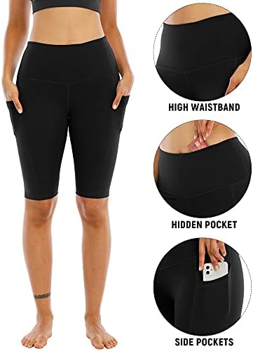 Whouare 4 חבילות אופנוענים מכנסיים קצרים עם כיסים לנשים, מותניים גבוהים המותניים המותניים אימון אימון מכנסי כושר בקרת בטן