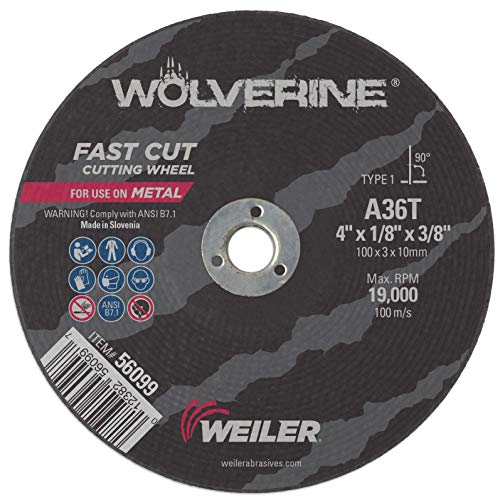Weiler 56099 4 x 1/8 Wolverine מסוג 1 גלגל חיתוך, A36T, 3/8 A.H.