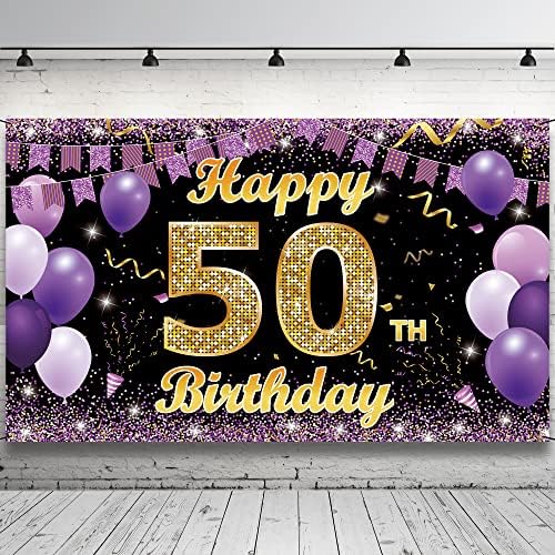 קישוטי יום הולדת 50 באנר רקע, קישוטי יום הולדת 50 שמחים בשבילה, זהב סגול 50 מסיבת יום הולדת תפאורה רקע צילום אספקה