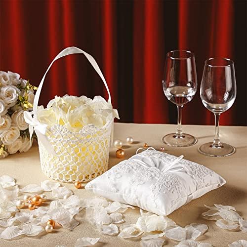 קרנהי חתונה פרח ילדה סל ונושא טבעת כרית עם 1000 יחידות לבן מלאכותי משי רוז עלי כותרת סט לבן סל עם ידית תחרה חתונה
