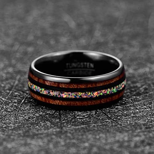 טונגסטורי 8 מ מ טונגסטן קרביד טבעת נישואין משובצת עץ קואה הוואי וצבעוני שנוצר-אופל כיפה נוחות מתאים גודל 5-15