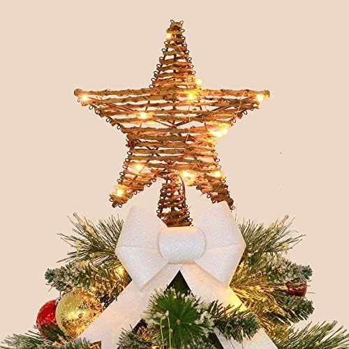 טופר עץ חג המולד, טופר עץ כוכב ראטאן מואר עם 15 נורות LED לעץ חג המולד ולקישוט העונתי של חג (עבה