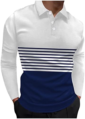 חולצות פולו לגברים של PDFBR, שרוול ארוך אביב פסים בלוק טלאים טלאים כפתור צוואר גולף גולף