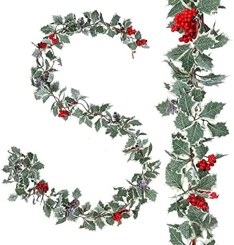 Anydesign 15.7ft חג מולד מלאכותי עם פירות יער אדומים קטנים עלים הולי וקונוסים אורנים מושלגים דמוי גפן תלייה תלייה