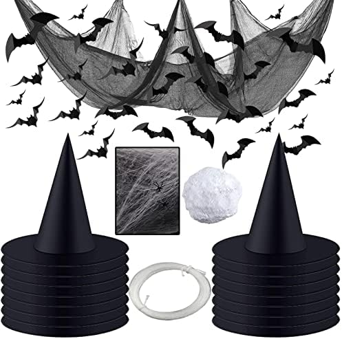 ליל כל הקדושים מכשפה כובעים עם אביזרים-16 מכשפות כובעים, 48 חתיכות 3 עטלפים, 1 רול תליית חבל, 1 חבילה עכביש אינטרנט, 1 חבילה