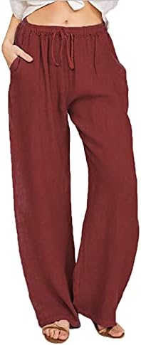 מכנסי פשתן שוררים מכנסיים מלחמה גבוהה מותניים רחבות מכנסי טרקלין רגל רופפים מתאימים מכנסי קיץ קלים עם כיסים