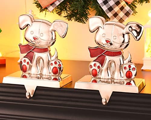 סט של 2 מחזיק גרב כלבים למעטפת - מתכת מכסף מתכת לחג המולד קולבי אח לאח - ווים לחג המולד של קולב אחיזת אחיזה לקישוט האח