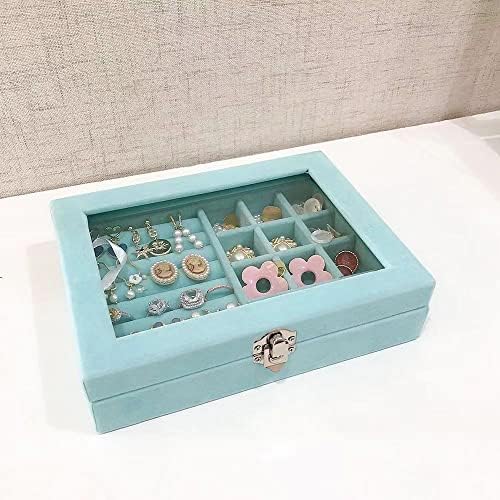 תיבת אחסון תכשיטים של Ynxee, עגילים טבעות קופסת תכשיטים פשוטה עם מכסה חלון שקוף, 8 x 6 x 2 , אקווה קטיפה