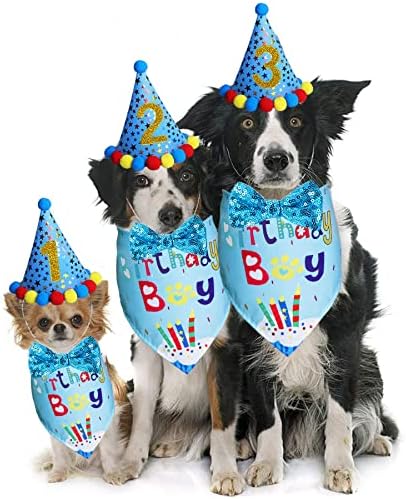ציוד למסיבות יום הולדת של STMK כלב, כלב יום הולדת ילד בנדנה צעיף וכובע מסיבת יום הולדת לכלב עם מספרים צווארון עניבת