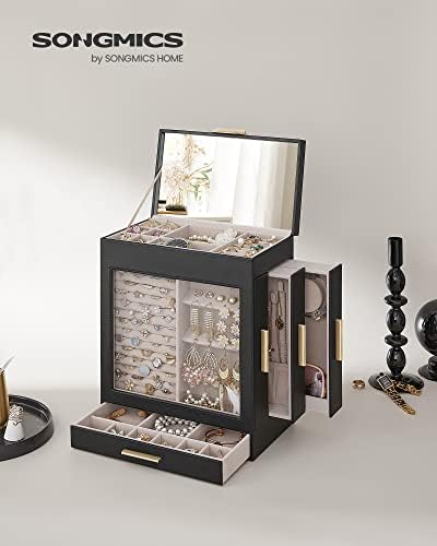 קופסת תכשיטים של Songmics עם חלון זכוכית, מארגן תכשיטים עם 5 שכבות עם 3 מגירות צד, אחסון תכשיטים, עם שטח