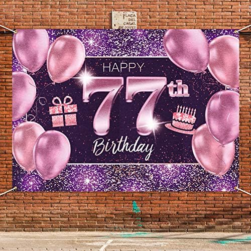 תפאורת באנר ליום הולדת 77 של פאקבום מאושרת 77 - 77 קישוטים למסיבות יום הולדת ציוד לנשים - זהב סגול ורוד 4 x 6ft