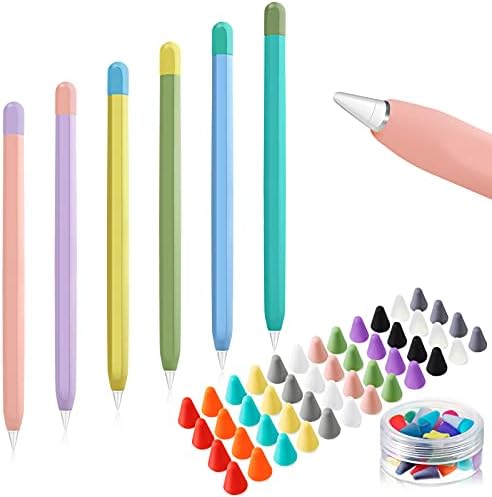 6 חתיכות כיסוי מארז סיליקון תואם לעיפרון תפוחים דור שני, 6 צבעים כיסוי עיפרון עט עט דק ו 48 חתיכות כיסוי ציפורן