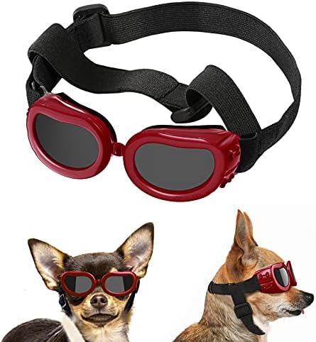 משקפי שמש של Lewondr כלבים כלבים קטנים כלבים משקפיים הגנה על UV, משקפי ראייה לכלבים קטנים הגנה על ללבוש עיניים עם רצועה