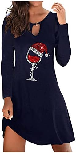 נשים בתוספת גודל חג המולד שמלות אדום יין זכוכית גרפי מזדמן נדנדה חולצה שמלת חלול החוצה ארוך שרוול שמלה