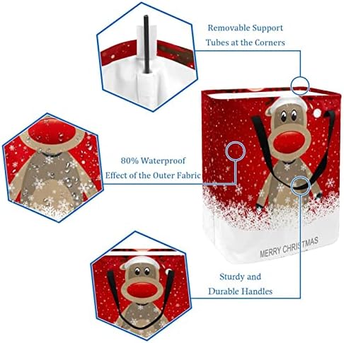 צבי כובע חג מולד שמח עם סל כביסה מתקפל בהדפס פתית שלג, סלי כביסה עמידים למים 60 ליטר אחסון צעצועי כביסה לחדר שינה בחדר