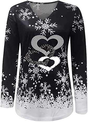 חג המולד חולצות לנשים פתית שלג לב גרפי מזדמן ארוך שרוול סוודר טי למעלה רופף עם צווארון חג המולד סווטשירט