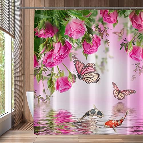 QZJDX וילון מקלחת ורדים לחדר אמבטיה פרחים ורודים פרחים פרחים דגים מעל מי ים עיצוב מים וילונות אמבטיה 70x70 אינץ '