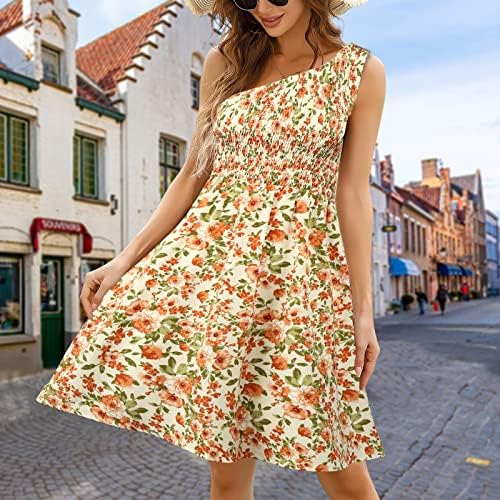 שמלות קיץ של Fragarn Midi לנשים, חצאית חוף קיץ פרחים כתף אחת שמלה באורך בינוני סטרפלס שמלה סטרפלס