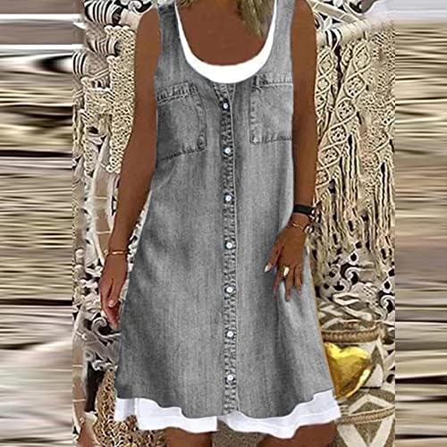 נשים ג ' ינס קיצי קיץ חוף שכבה כפולה מקרית סקופ צוואר שמלות רופף פרחוני הדפסת מידי טנק שמלה עם כיס