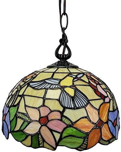 מנורה תליון תלויה בסגנון טיפאני 12 ויטראז 'רחב צל זכוכית צהוב ירוק ירוק אדום אדום ציפור פרחוני וינטג' עיצוב אור מסעדה
