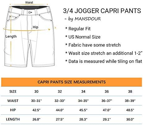 מכנסי קפרי ג'וג'ר קפרי של Mansdour 3/4 מכנסי כותנה מזדמנים חדר כושר אימון מתחת למכנסיים קצרים בברך עם כיס רוכסן