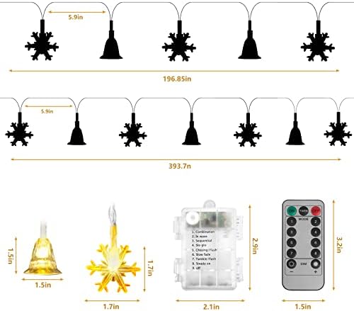 אורות חג המולד של גואליבררה שלג, עיצוב פעמון ופתית שלג, 50 אורות חג מולד חמים עם LED עם שלט רחוק ופונקציית תזמון