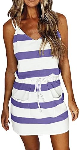 Wybaxz Summer Stripe Stripe Strap שמלת רצועה לנשים שמלת מותניים משולבת עם כיסים מיני V שמלות צוואר לנשים