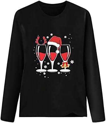 נשים של חג המולד אדום יין זכוכית חולצה מתגנדר מקרית צווארון ארוך שרוול חולצה חג בלינג חג המולד כובע גרפי חולצות