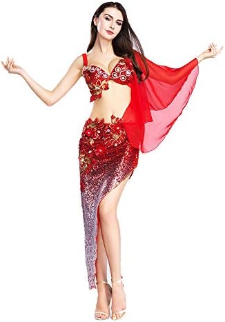 רויאל סמלה רקדנית רקדנית לבטן לנשים חצאית ריקוד בטן נצנץ חזיית ריקוד בטן סקסית ותלבושת קרנבל צעיף