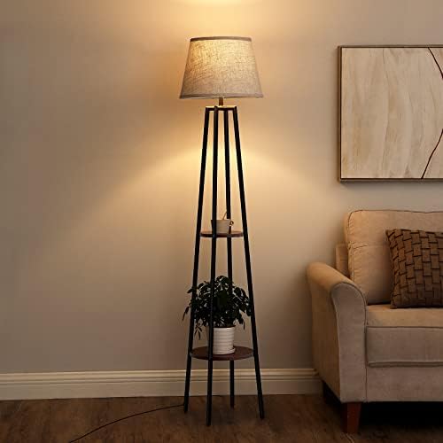 Dewenwils מנורת רצפת חצובה מודרנית עם מדפים, צל מנורת בד, מנורת פינתית דו שכבתית, מנורת מדף אחסון מארגן לסלון,