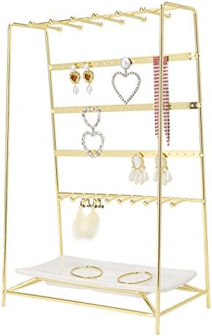 מארגן תכשיטים מורייגם, עמדת תכשיטים של 5 שכבות, תצוגת מחזיק תכשיטים דקורטיבית עם מגש לבן לשרשראות, צמידים, עגילים וטבעות, זהב