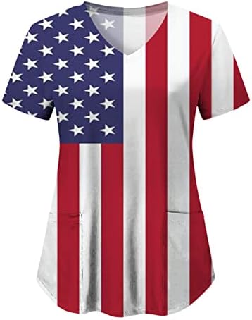 חולצות טריקו 4 ביולי לנשים דגל אמריקה דגל אמריקה שרוול קצר שרוול V-צווארון V עם 2 כיסים לבוש עבודה מזדמן מצחיק לחג מצחיק