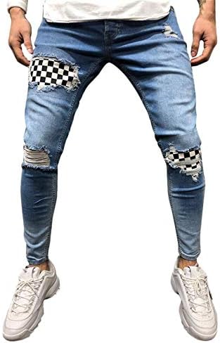 מכנסי ג 'ינס דקים קרועים לגברים בכושר דק למתוח ג' ינס אופנה עם רגל ישרה עם כיס כפתורי רוכסן