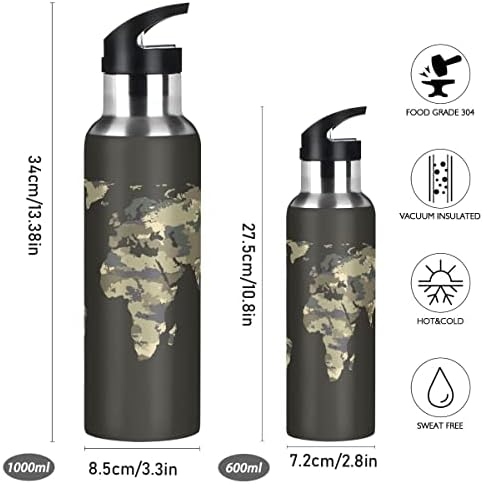 מפת עולם גולפית הסוואה בקבוק מים עם מכסה קש, ללא BPA, בקבוקי מים 32 גרם