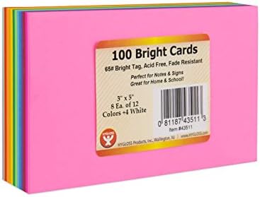 מוצרי Hygloss כרטיסי פלאש בריקים בהירים - כלי לימוד נהדר - ריבוי שימושים - 10-13 צבעים שונים - 3 x 5 - 100 קלפים, 43511