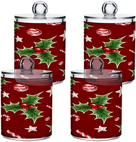 Alaza 4 Pack QTIP Holder Dispenser חג המולד HOLLY CANDY CANE מארגן אמבטיה CANISER