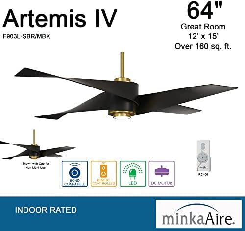 Minka-Aire F903L-SBR/MBK ARTEMIS IV IV 64 אינץ 'מאוורר תקרה עם אור LED ומנוע DC בגימור פליז רך ולבים שחורים מט