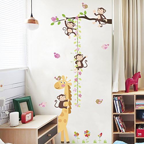 נשלף קופים וג ' ירפה גובה תרשים קיר מדבקות עץ סניף ופרח צמיחה שליט לילדים חדרי שינה בני ובנות חדרי נוארסרי אמנות