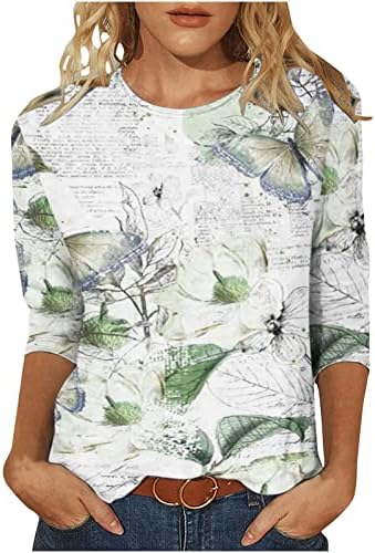 עיתון פרפר ירוק ליים חולצות גרפיות פרחוניות גרפיות לנשים 3/4 שרוול שרוול צוואר בראנץ 'חולצות חולצות טשירטס נער 2023 XL