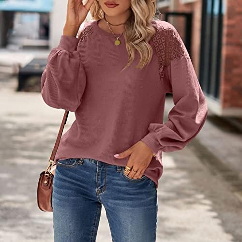 נשים טרנדי חולצה מזדמן רופף ופל לסרוג חולצות סוודר מוצק צבע ארוך שרוול עגול צוואר טי חולצות טוניקות