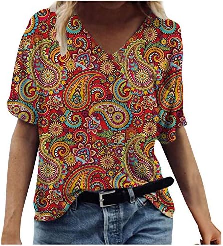צמרות אביב נשים 2023 חולצות מערביות גדולות עם צווארון V-צווארון חולצות שרוול קצר