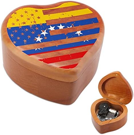 וונצואלה דגל אמריקאי דגל עץ קופסת מוסיקה מעץ רוחב צורת לב קופסאות מוזיקליות מודפסות ליום הולדת של האהבה